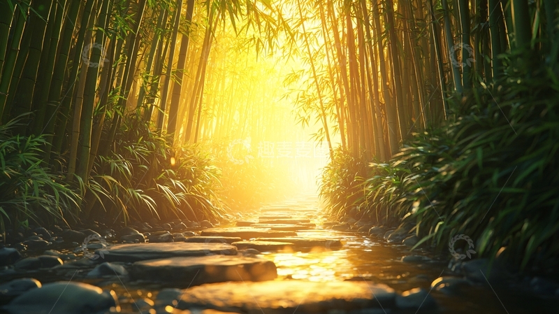 高清大图下载【趣麦麦图】阳光洒满竹林小路