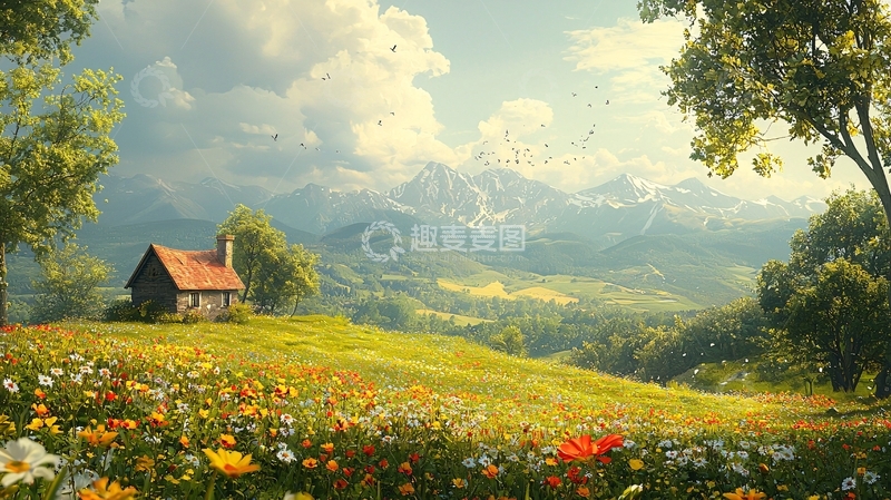 高清大图下载【趣麦麦图】田园风光小屋鲜花盛开