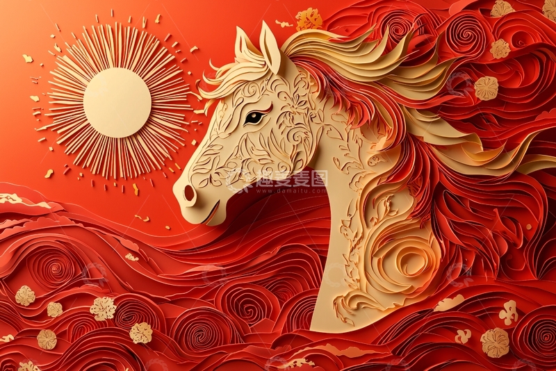 高清大图下载【趣麦麦图】红底纸艺骏马