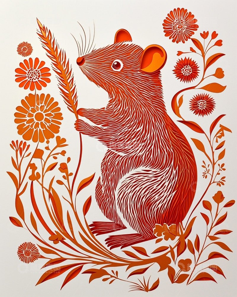高清大图下载【趣麦麦图】橙色剪纸老鼠