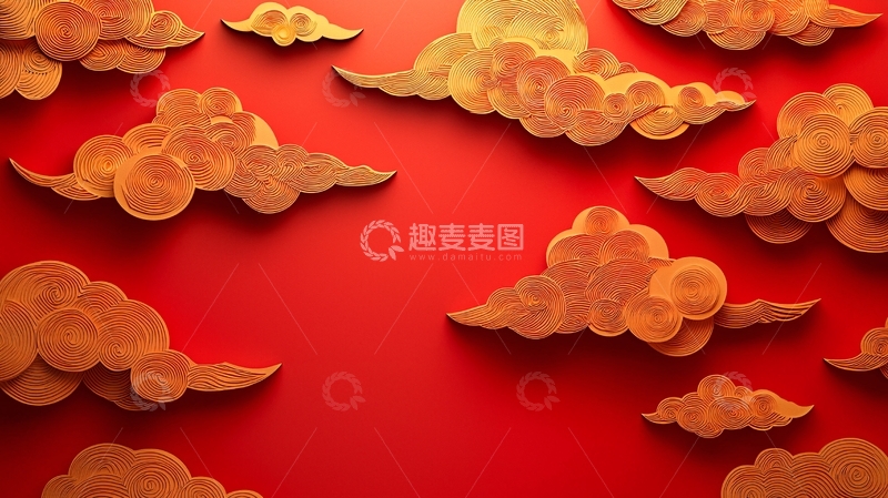 高清大图下载【趣麦麦图】红色背景金色祥云