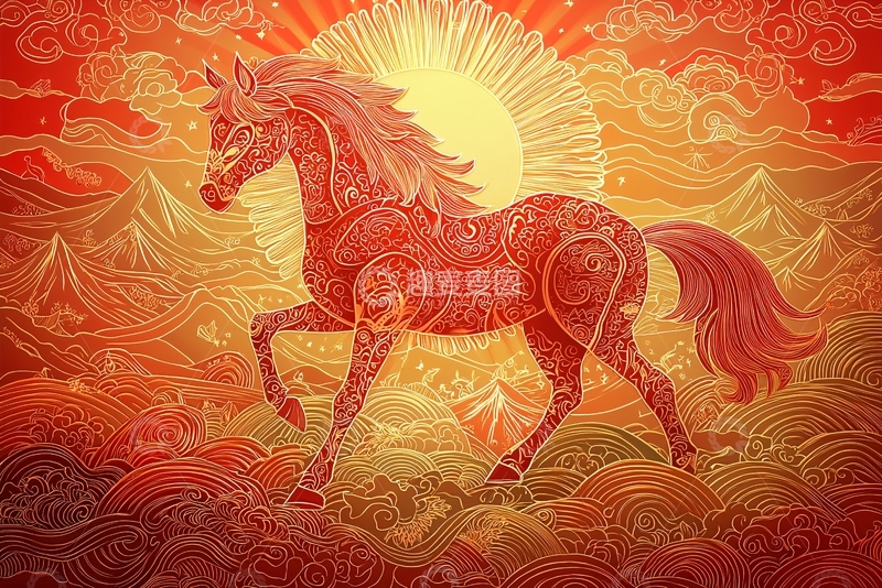 高清大图下载【趣麦麦图】红马日出祥云图