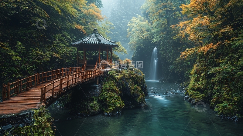 高清大图下载【趣麦麦图】雾气森林瀑布小木屋