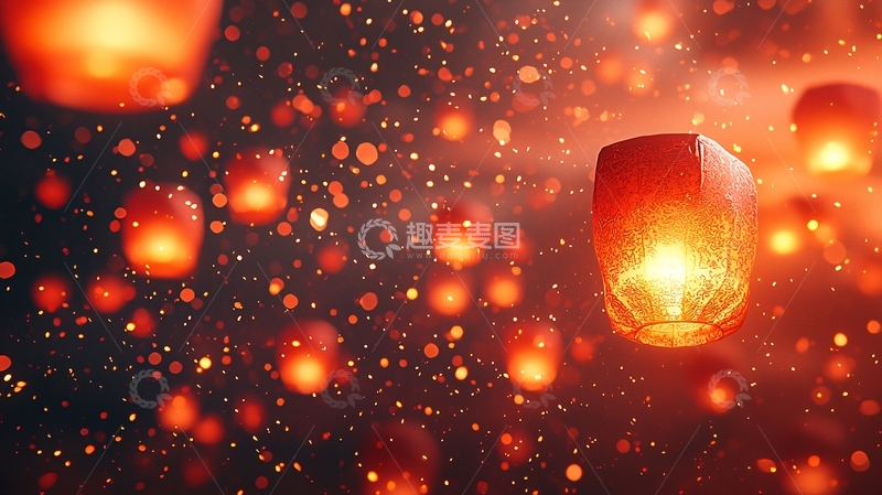 高清大图下载【趣麦麦图】夜空飞舞的红色天灯