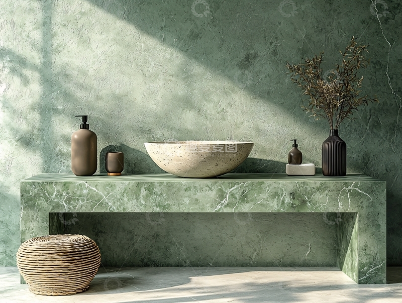 高清大图下载【趣麦麦图】极简风绿墙浴室洗手台