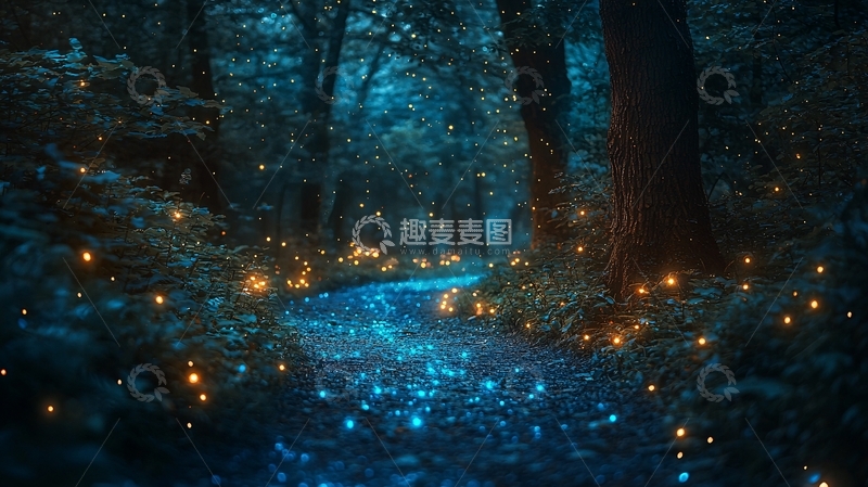 高清大图下载【趣麦麦图】夜间森林小路萤火虫