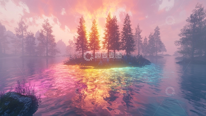 高清大图下载【趣麦麦图】梦幻森林湖泊日落