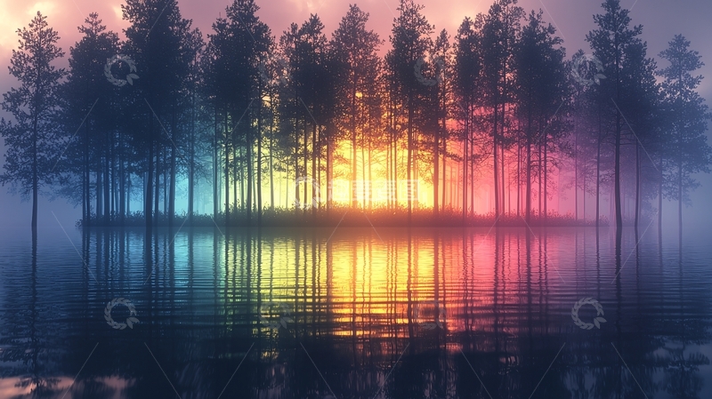 高清大图下载【趣麦麦图】色彩斑斓的湖边森林