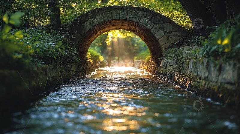 高清大图下载【趣麦麦图】光线穿过拱桥照亮溪流