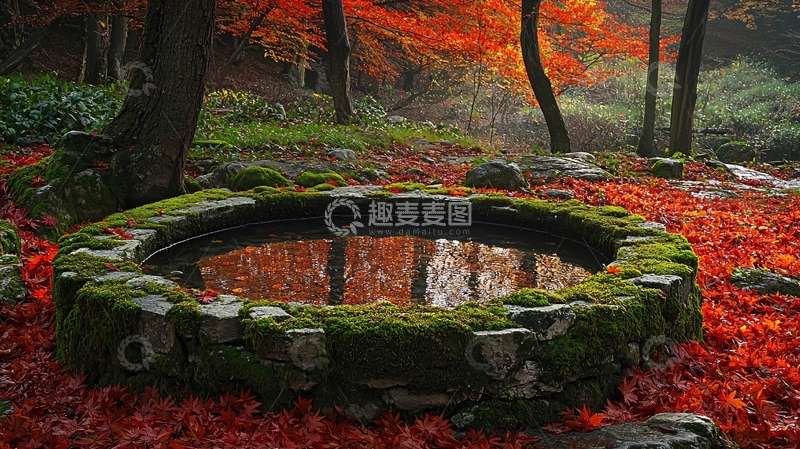 高清大图下载【趣麦麦图】秋日红叶环绕的石砌水池