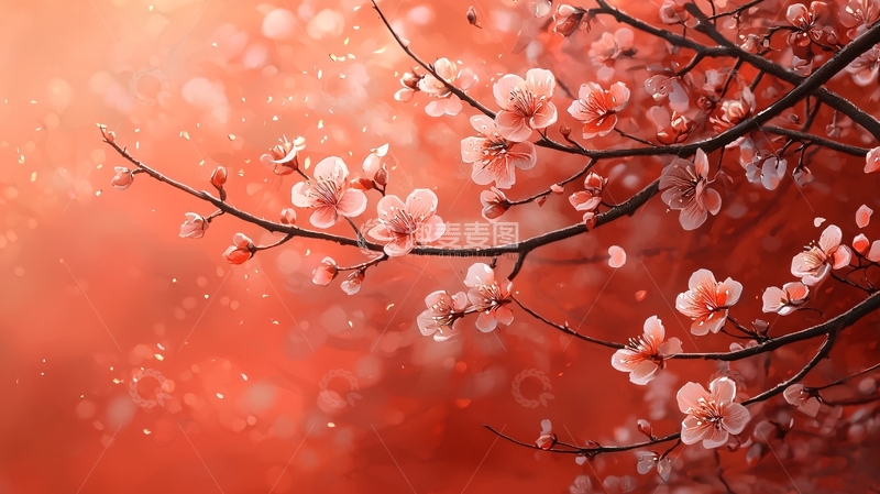 高清大图下载【趣麦麦图】红粉色桃花枝条背景