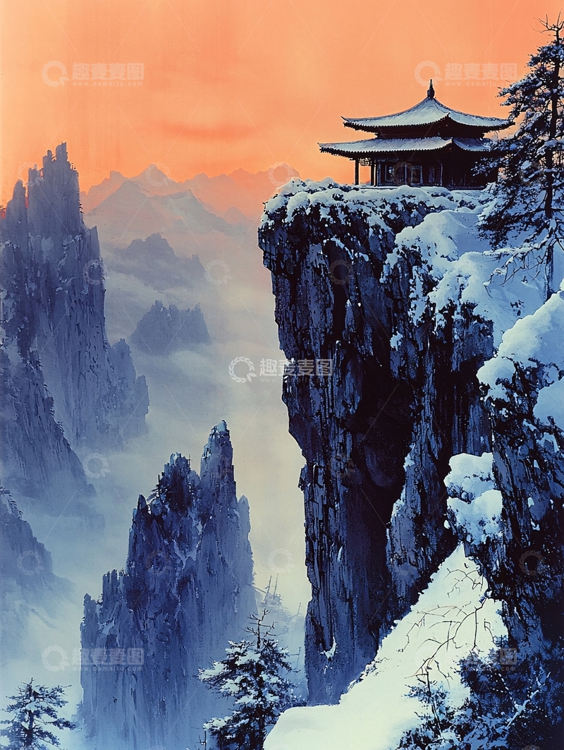 高清大图下载【趣麦麦图】雪山日出亭台