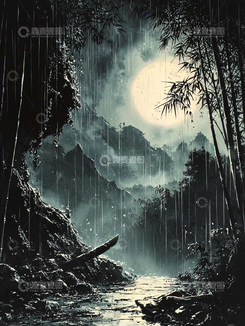 高清大图下载【趣麦麦图】雨夜山林竹影月光