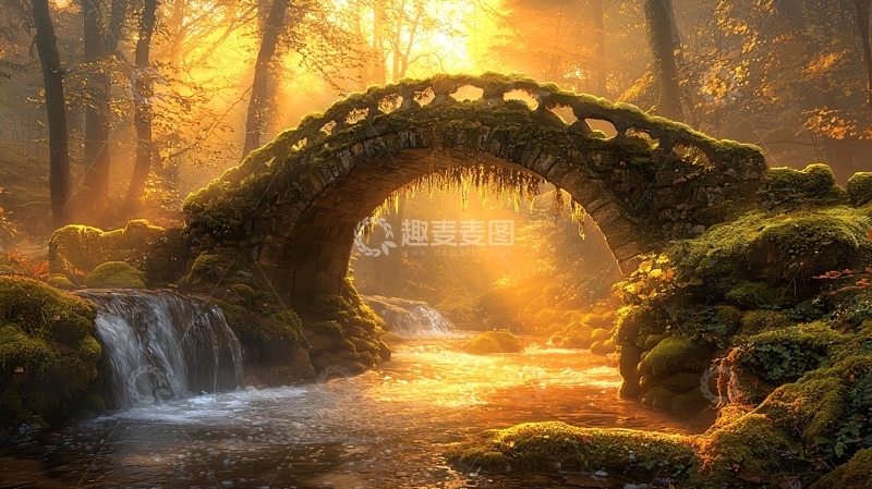 高清大图下载【趣麦麦图】森林古桥瀑布夕阳