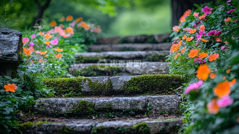 高清大图下载【趣麦麦图】鲜花点缀的石阶路