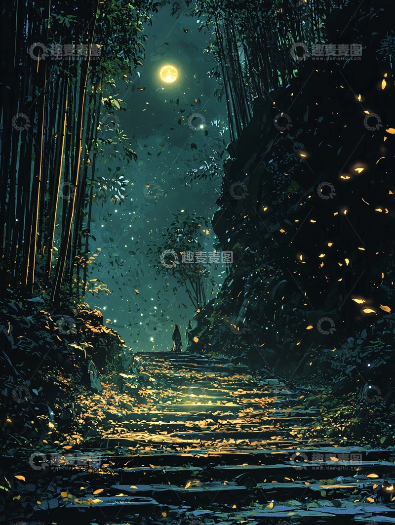 高清大图下载【趣麦麦图】月夜竹林小路