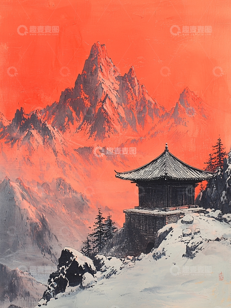 高清大图下载【趣麦麦图】雪山寺庙日落
