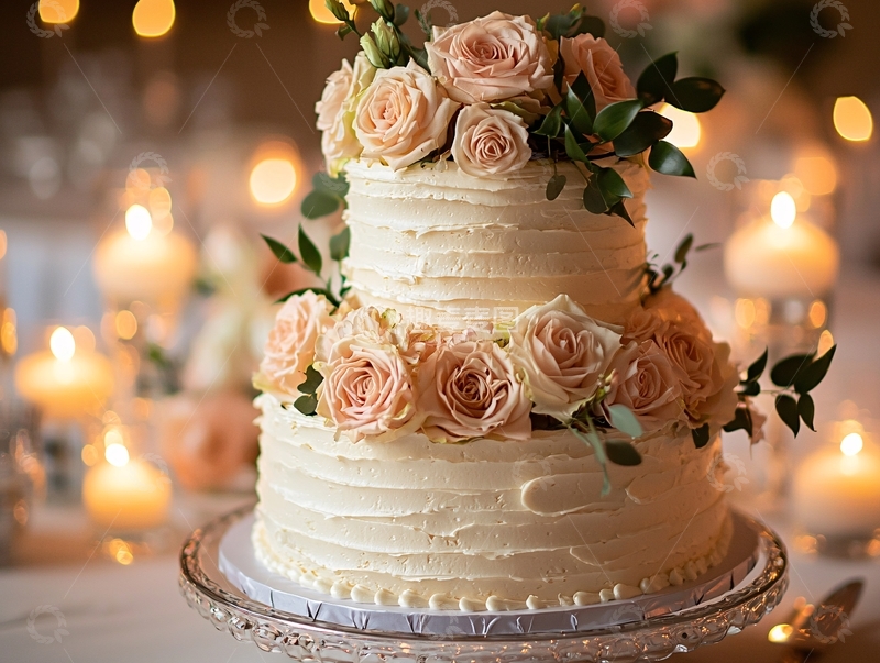 高清大图下载【趣麦麦图】三层奶油玫瑰婚礼蛋糕