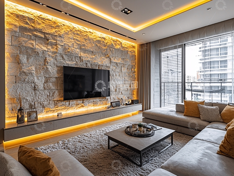 高清大图下载【趣麦麦图】现代简约客厅石材电视背景墙