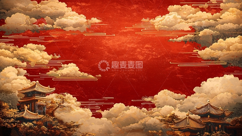 高清大图下载【趣麦麦图】红色天空祥云古建筑