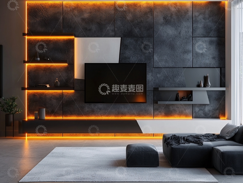 高清大图下载【趣麦麦图】暗色系客厅电视背景墙