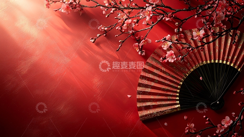 高清大图下载【趣麦麦图】红色背景梅花扇子