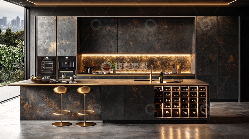 高清大图下载【趣麦麦图】现代暗色系奢华厨房