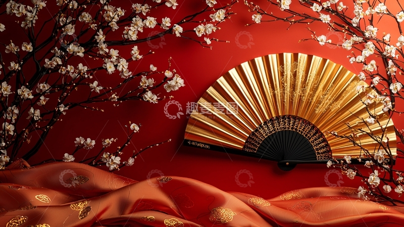 高清大图下载【趣麦麦图】红底金扇子樱花背景