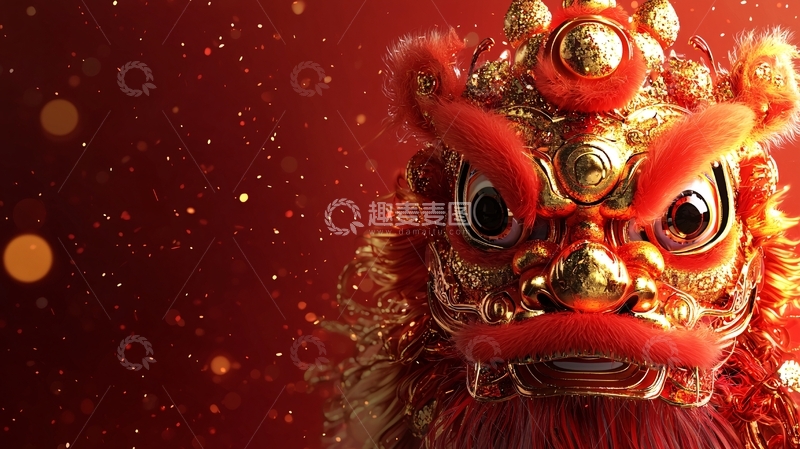 高清大图下载【趣麦麦图】红色金色舞狮特写