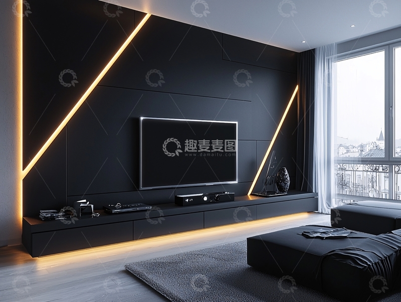 高清大图下载【趣麦麦图】现代极简黑色电视背景墙