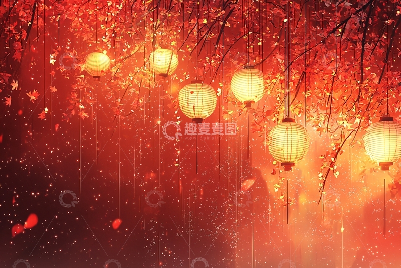 高清大图下载【趣麦麦图】红灯笼雨中花树