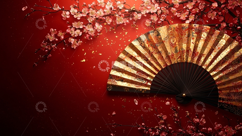 高清大图下载【趣麦麦图】红底扇子和梅花