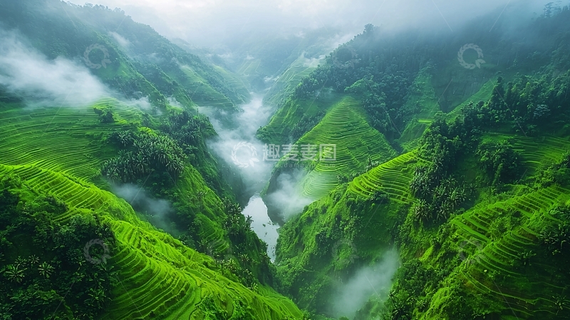 高清大图下载【趣麦麦图】雾气缭绕的梯田风光