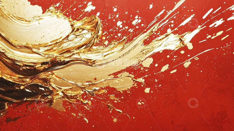 高清大图下载【趣麦麦图】红色背景金色泼墨抽象画