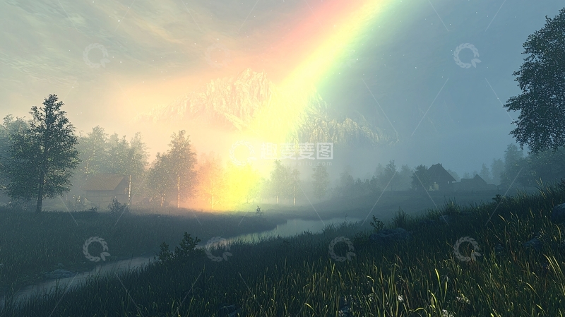 高清大图下载【趣麦麦图】雾气森林彩虹