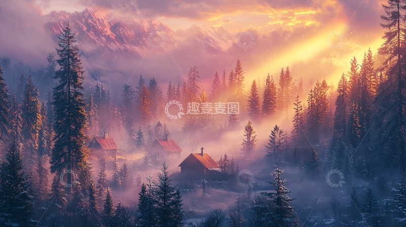 高清大图下载【趣麦麦图】雾气山峦雪景小屋