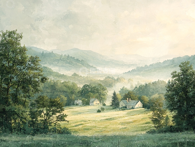 高清大图下载【趣麦麦图】清晨山谷田园风光