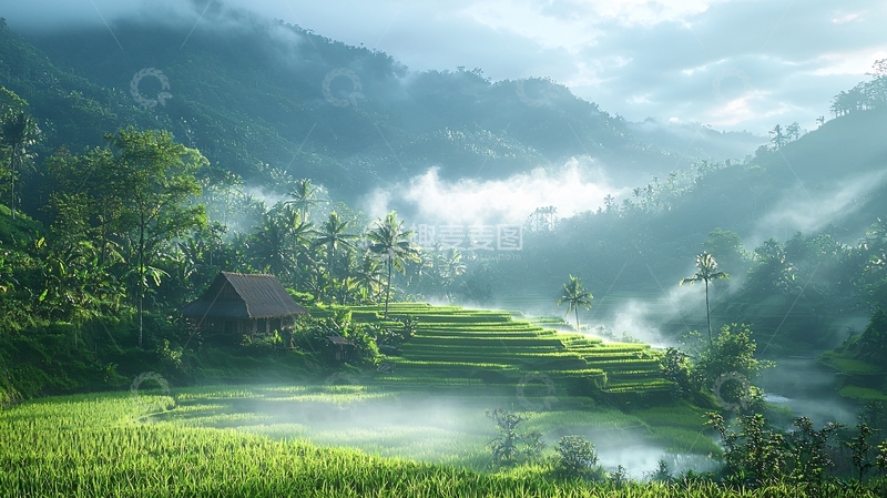 高清大图下载【趣麦麦图】雾气缭绕的稻田风光