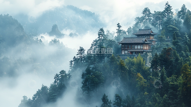 高清大图下载【趣麦麦图】云雾缭绕山间古寺