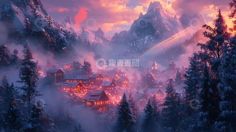 高清大图下载【趣麦麦图】雪山小镇夜景