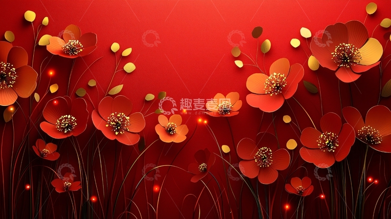 高清大图下载【趣麦麦图】红色花朵剪纸背景