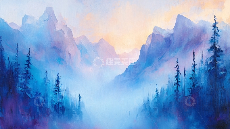 高清大图下载【趣麦麦图】雾气缭绕的雪山峡谷