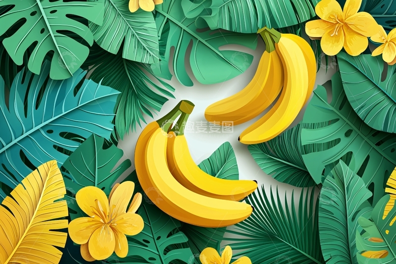 高清大图下载【趣麦麦图】热带水果香蕉绿叶背景