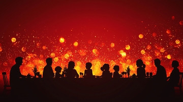 红色背景下家庭团聚剪影