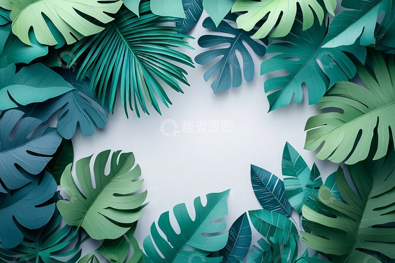 高清大图下载【趣麦麦图】纸艺热带植物环绕留白