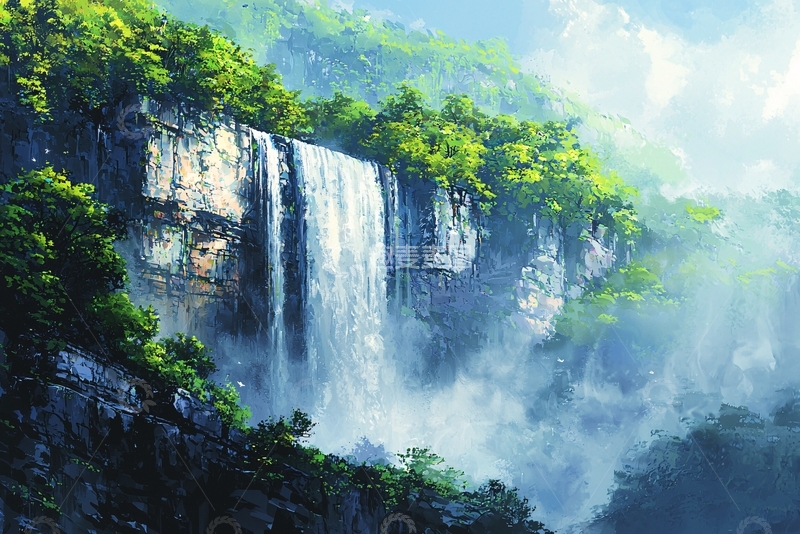 高清大图下载【趣麦麦图】山崖瀑布风景画