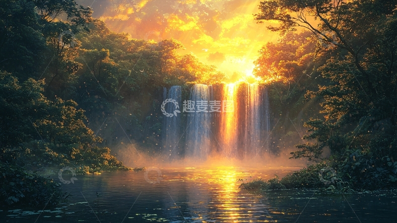 高清大图下载【趣麦麦图】日落时分瀑布森林
