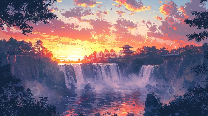 高清大图下载【趣麦麦图】日落瀑布森林风景