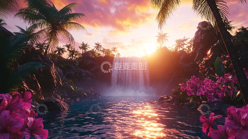 高清大图下载【趣麦麦图】热带天堂瀑布日落