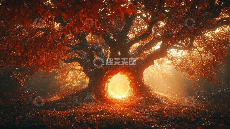 高清大图下载【趣麦麦图】秋日古树洞穴光影